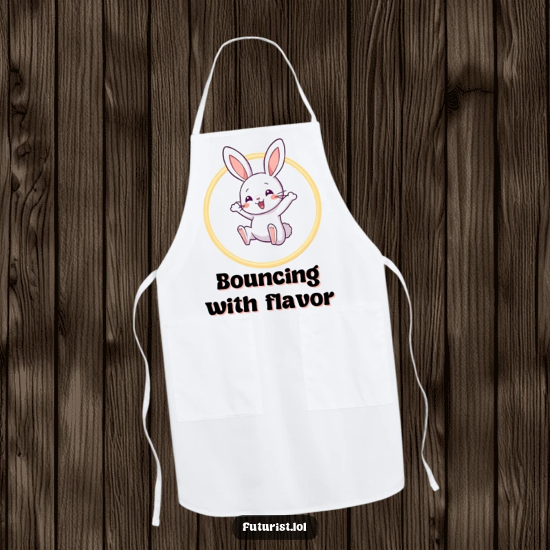 Funny Rabbit Acrobat Apron: A playful rabbit character leaps through a hoop of light beams while you cook, a funny kitchen essential.