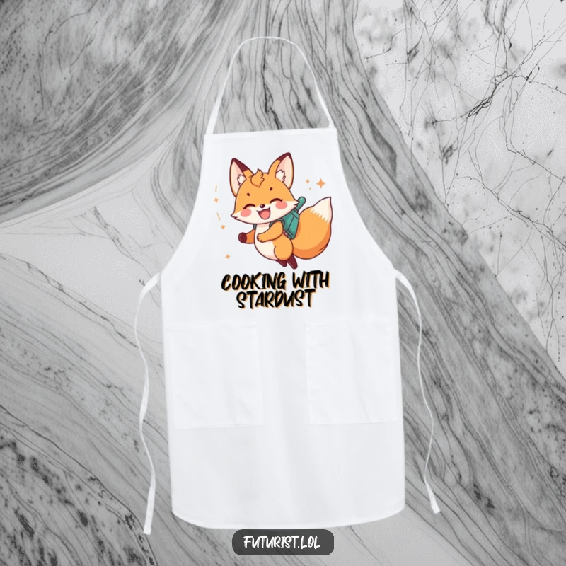 Funny fox cub with jetpack soaring, leaving stardust, on a kitchen apron for cooking.