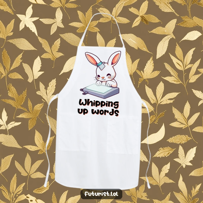 Funny rabbit apron, a curious rabbit with metallic accents typing on a glowing keyboard, perfect for tasks with humorous speed.