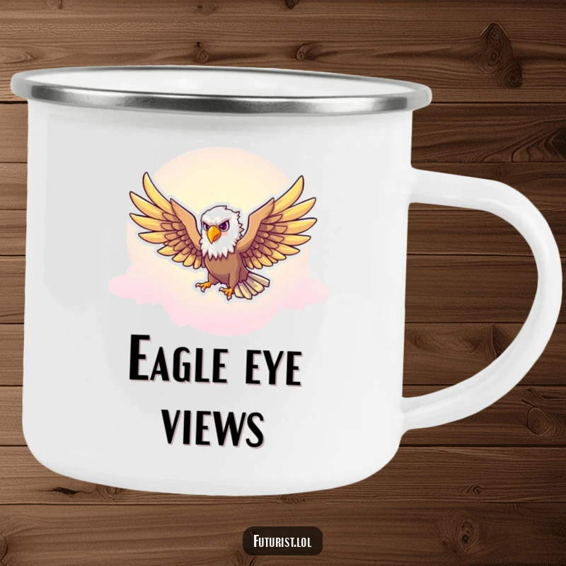 Funny Eagle Freedom Camping Mug: A majestic eagle character soars through a neon-tinted sky, perfect for funny outdoor enjoyment.