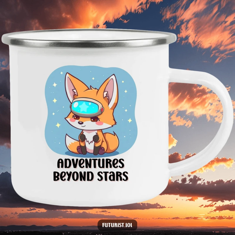 Funny Fox Sci-Fi Camping Mug: A curious fox character in a visor explores a holographic star map, ideal for funny campfire moments.