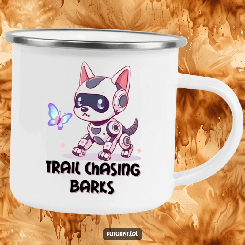 Funny robot dog camping mug, a playful robot dog with glowing antennae chasing a holographic butterfly, perfect for outdoor fun with tech humor.