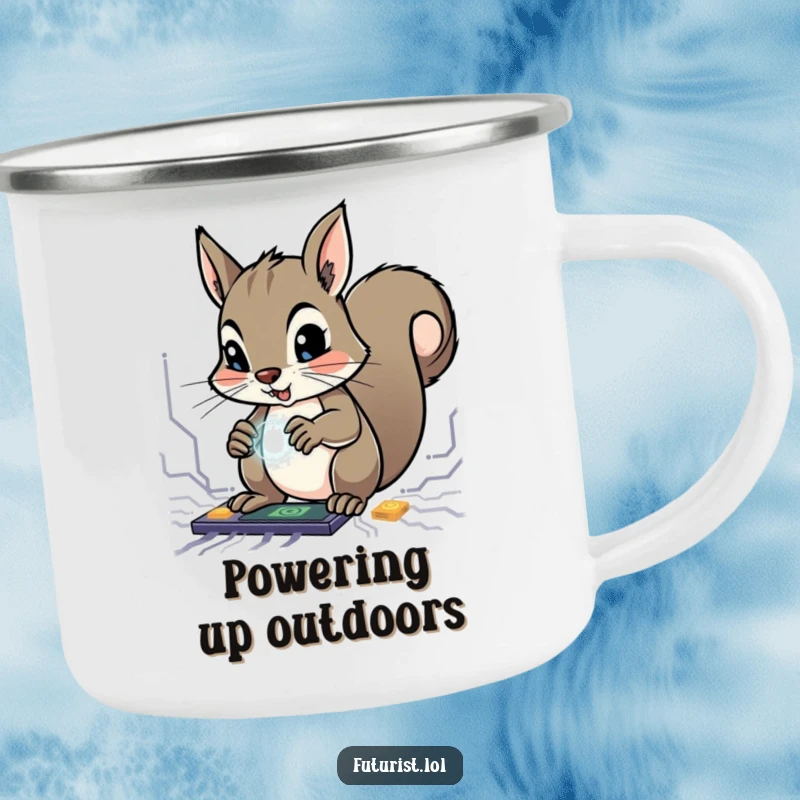 Funny Squirrel Genius Camping Mug: A determined squirrel character manipulates glowing circuits with tiny paws, perfect for funny outdoor problem-solving.
