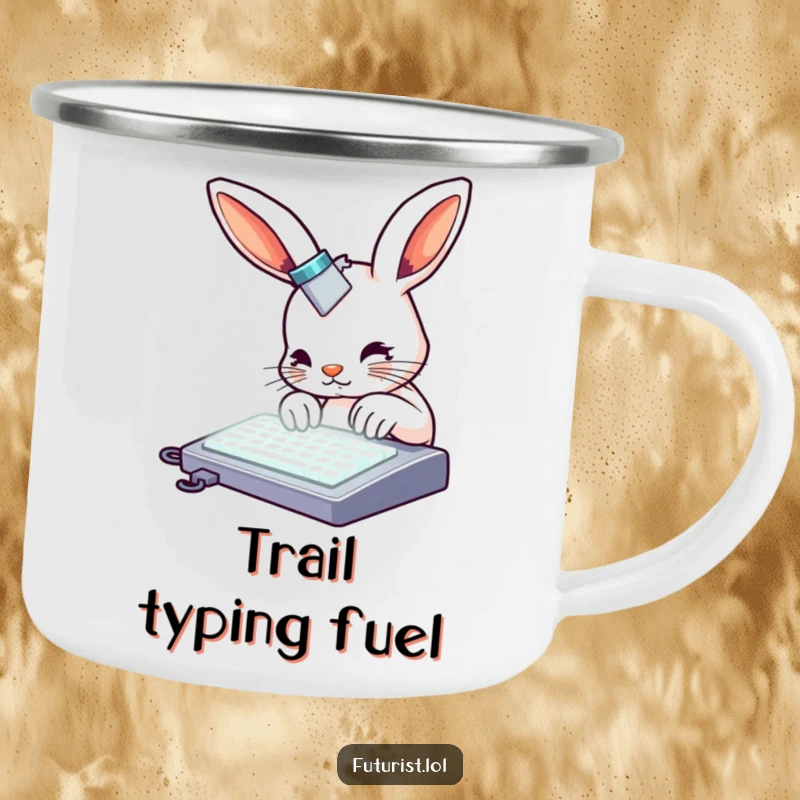 Funny rabbit camping mug, a curious rabbit with metallic accents typing on a glowing keyboard, perfect for adventures with typing humor.