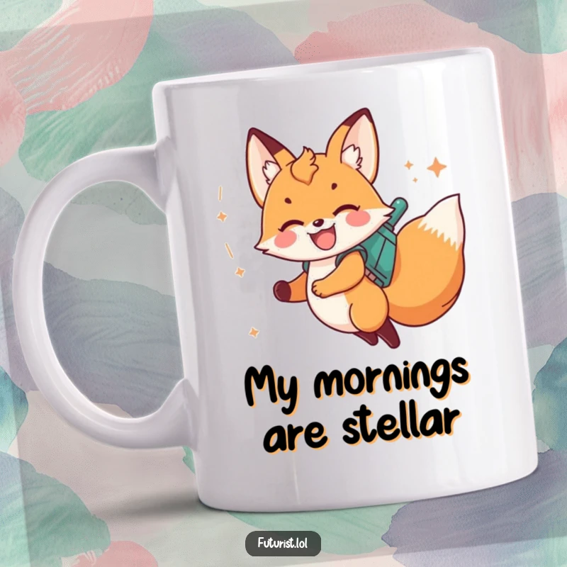 Funny fox cub with jetpack launching with stardust trail, celebrating its joyous flight on this ceramic mug.