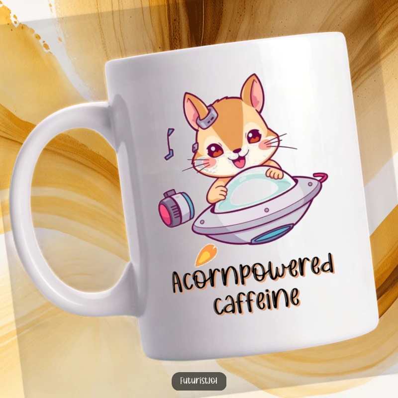 Funny squirrel UFO mug, a determined squirrel with cybernetic enhancements, piloting a miniature flying saucer with intense focus, humorous and adventurous.