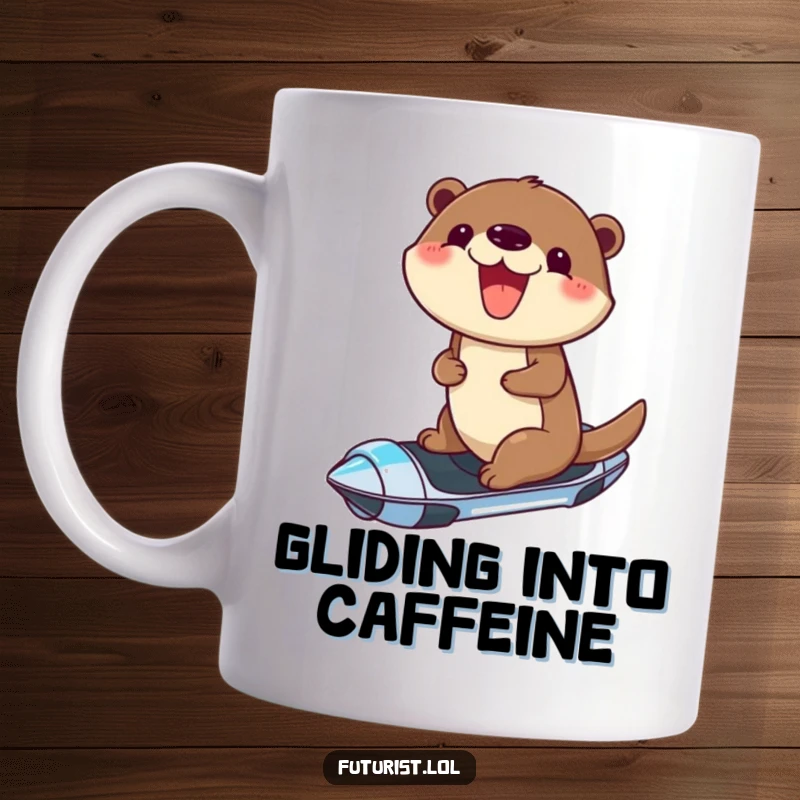 Funny mug featuring a cheerful otter with a joyful grin, smoothly riding a sleek, futuristic hoverboard, embodying pure fun and speed.