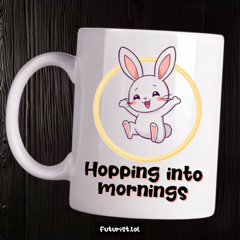 Funny Rabbit Acrobat Mug: A playful rabbit character joyfully leaps through a hoop made of light beams with a happy bounce.