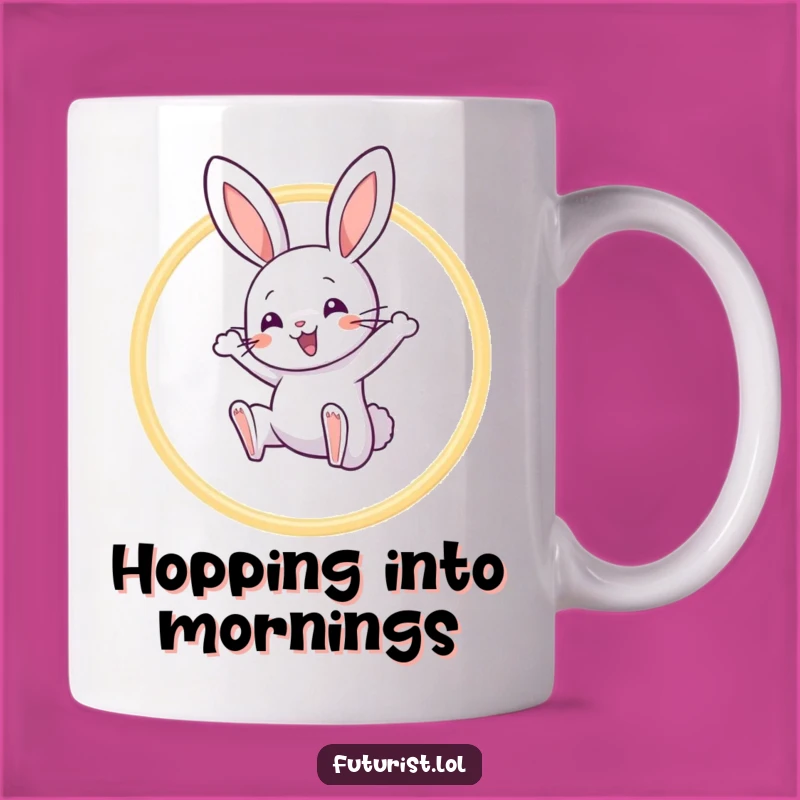 Funny Rabbit Acrobat Mug: Playful Character Leaping Through Light Hoops