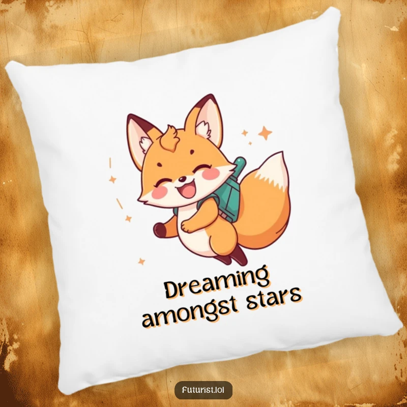 Funny fox cub on a jetpack, leaving stardust, depicted on a soft, decorative pillow.