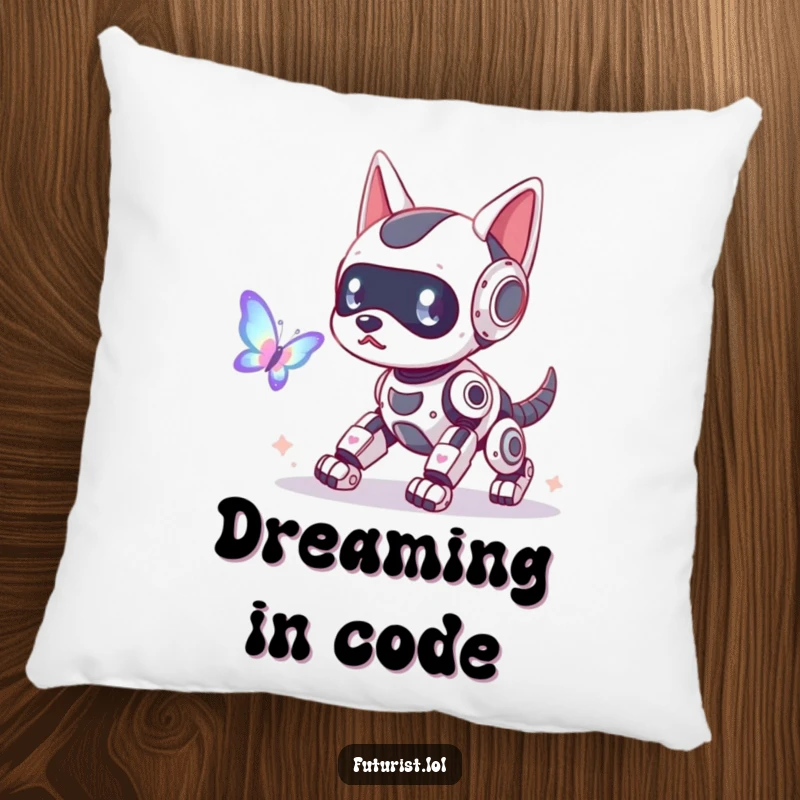 Funny robot dog pillow, a playful robot dog with glowing antennae chasing a holographic butterfly, offering cozy tech humor.