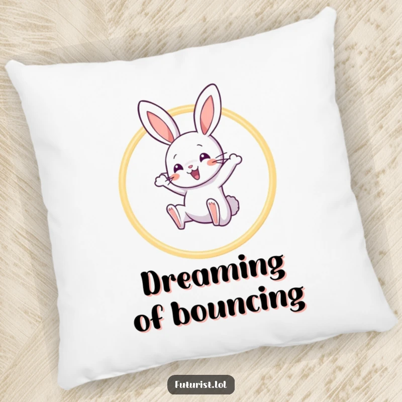 Funny Rabbit Acrobat Pillow: A playful rabbit character joyfully leaps through a hoop of light beams, a funny accent for cozy spaces.