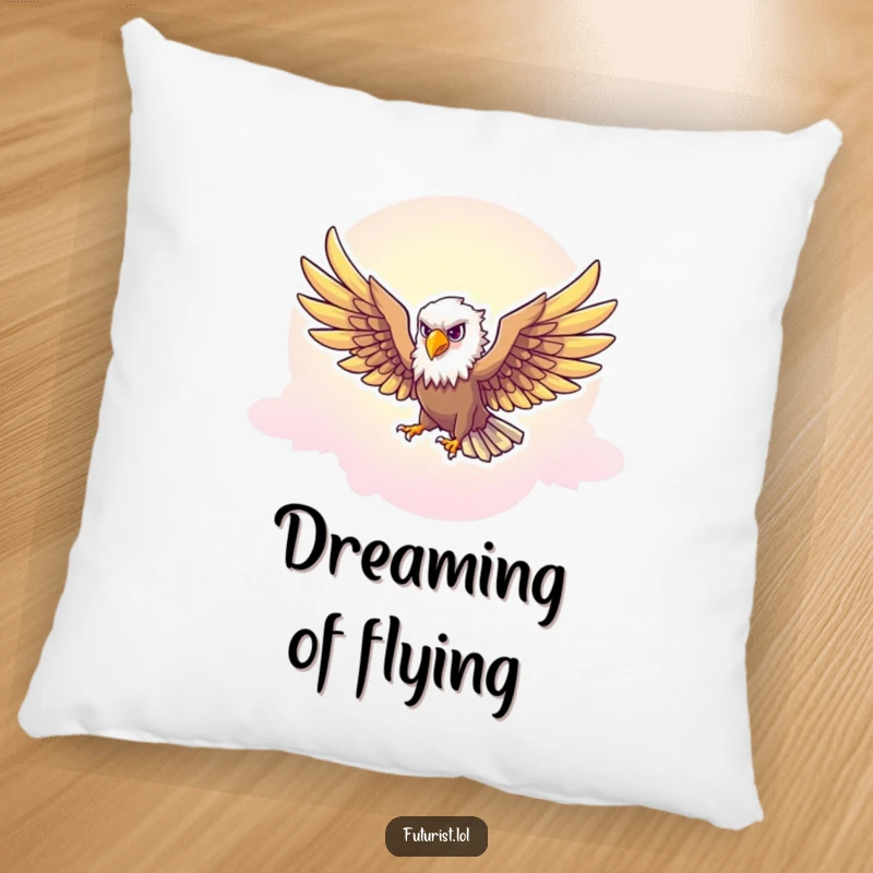 Funny Eagle Freedom Pillow: A majestic eagle character with outstretched wings soars through a neon-tinted sky, promoting funny serene dreams.