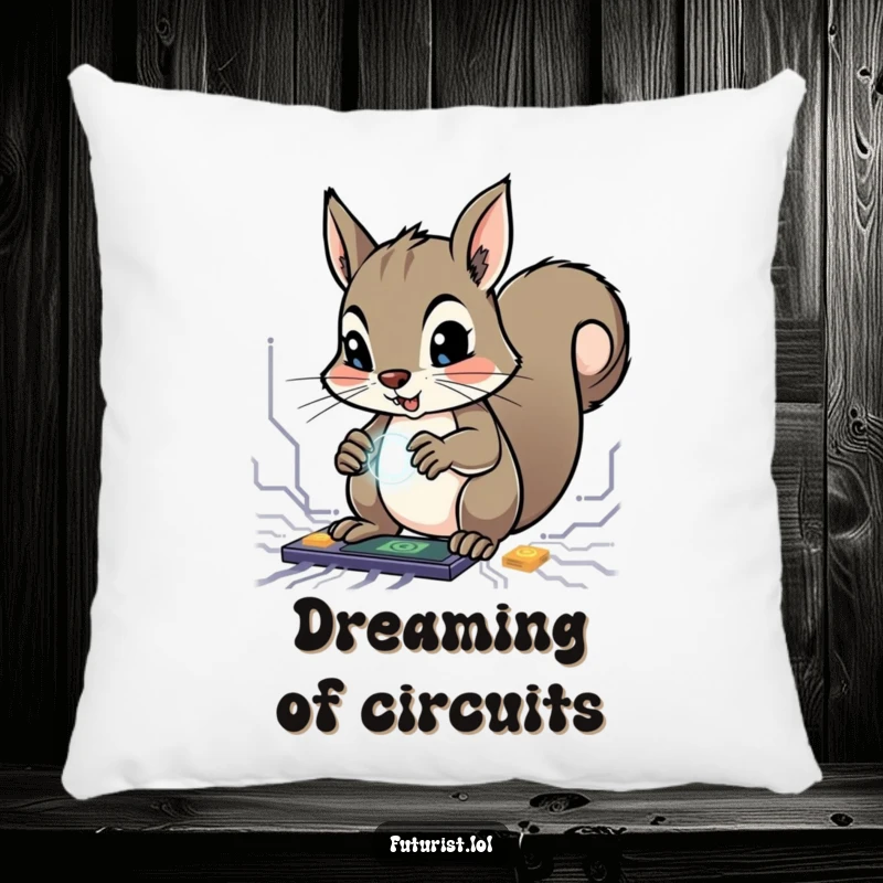 Funny Squirrel Genius Pillow: Features a determined squirrel character manipulating glowing circuits with tiny paws, promoting funny creative thoughts.