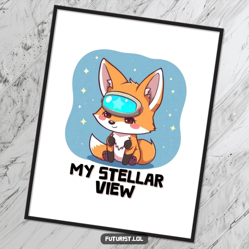 Funny Fox Sci-Fi Digital Art Print: A curious fox character with a visor studies a glowing holographic star map, creating funny cosmic art.