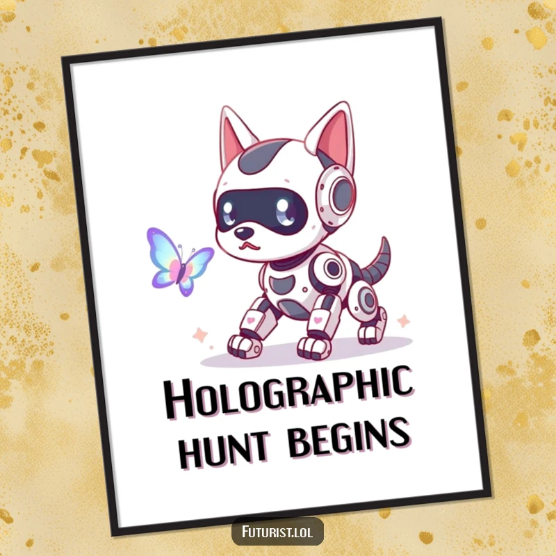 Funny robot dog digital art print, a playful robot dog with glowing antennae chasing a holographic butterfly, bringing tech humor to decor.