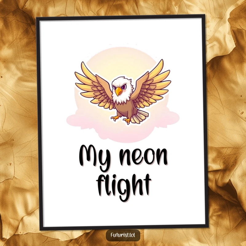 Funny Eagle Freedom Digital Art Print: A majestic eagle character with outstretched wings soars through a vibrant neon-tinted sky, a funny symbol of freedom.