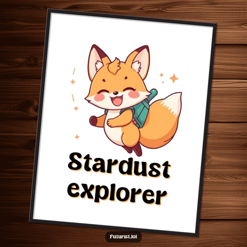 Funny fox cub flying on a jetpack with a stardust trail, for digital art print.