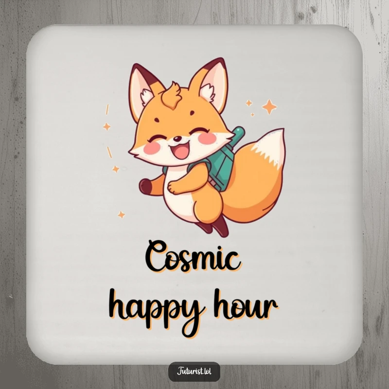 Funny fox cub with jetpack and stardust trail on a drink coaster to prevent spills.