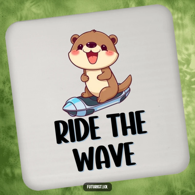 Funny drink coaster depicting a cheerful otter with a joyful grin, riding a futuristic hoverboard, adding a touch of playful speed.