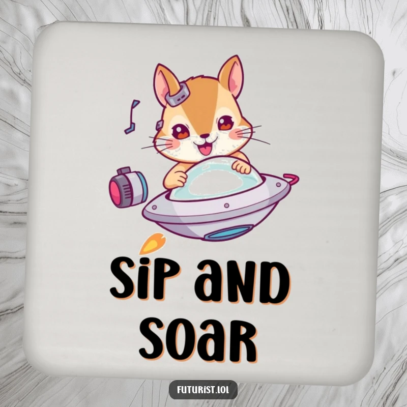 Funny squirrel coaster, a determined cybernetic squirrel piloting a miniature flying saucer, adding humorous sci-fi protection.