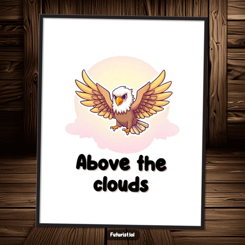Funny Eagle Freedom Poster: A majestic eagle character with outstretched wings soars through a vivid neon-tinted sky, a funny depiction of freedom.