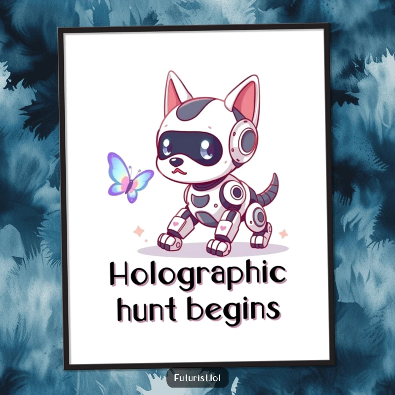 Funny robot dog poster, a playful robot dog with glowing antennae chasing a holographic butterfly, capturing humorous tech-inspired joy.