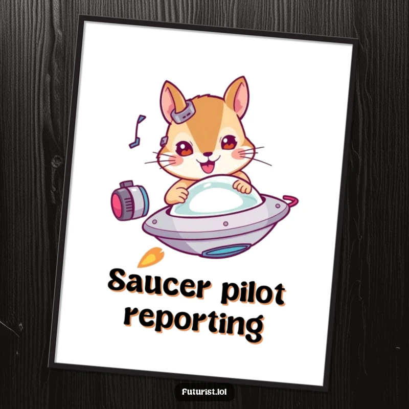 Funny squirrel poster, a determined cybernetic squirrel piloting a miniature flying saucer, capturing a humorous and adventurous space scene.