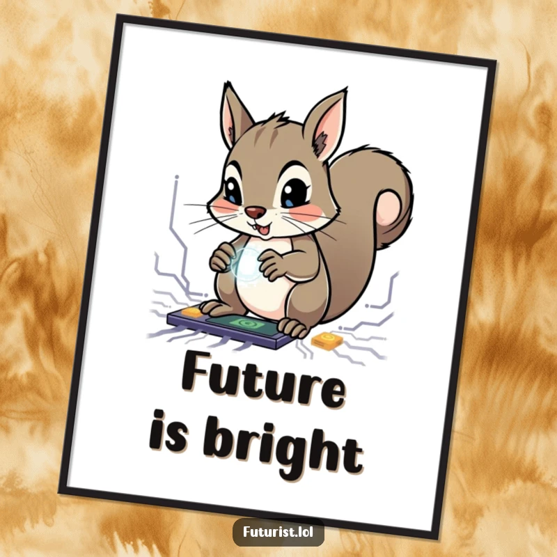 Funny Squirrel Genius Poster: A determined squirrel character intently works on glowing circuits with its agile paws, a funny display of focus.