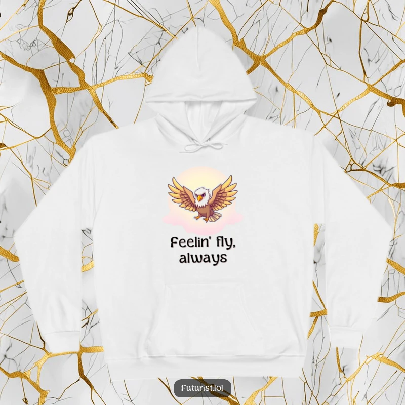 Funny Eagle Freedom Hoodie: A majestic eagle character with outstretched wings soars through a neon-tinted sky, a funny cozy escape.