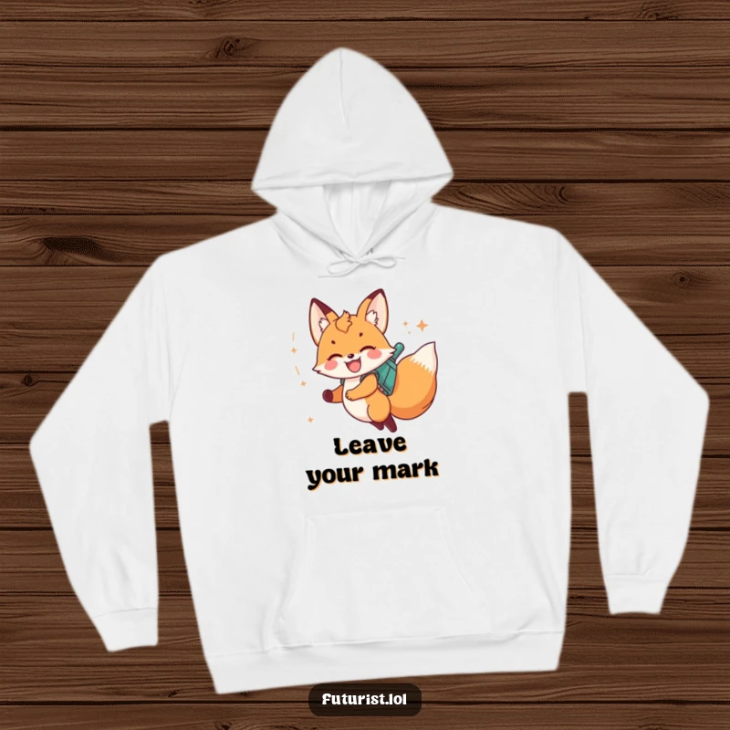 Funny fox cub soaring with a jetpack, leaving a stardust trail, on a cozy hoodie.