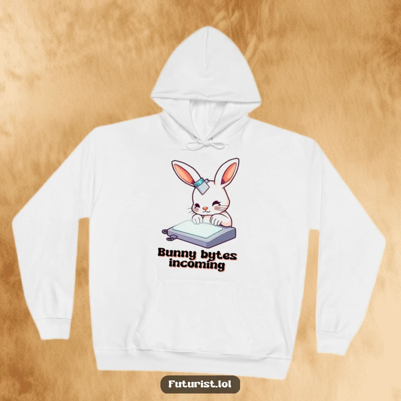 Funny rabbit hoodie, a curious rabbit with metallic accents typing on a glowing keyboard, offering cozy, humorous productivity.