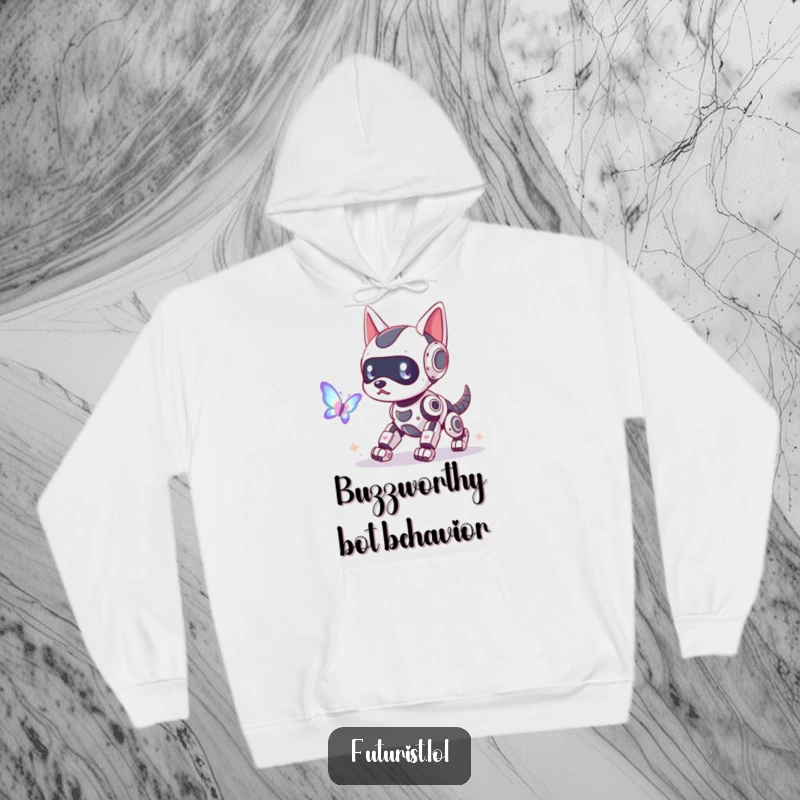 Funny robot dog hoodie, a playful robot dog with glowing antennae, chasing a holographic butterfly, bringing cozy tech humor.