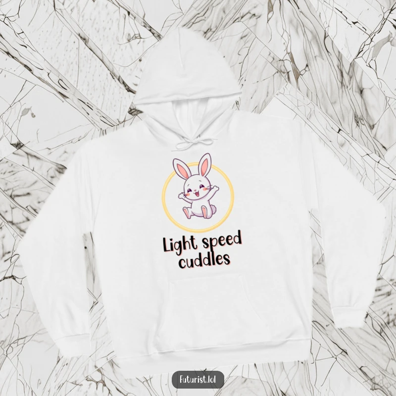 Funny Rabbit Acrobat Hoodie: A playful rabbit character happily leaps through a hoop crafted from glowing light beams, a funny cozy design.