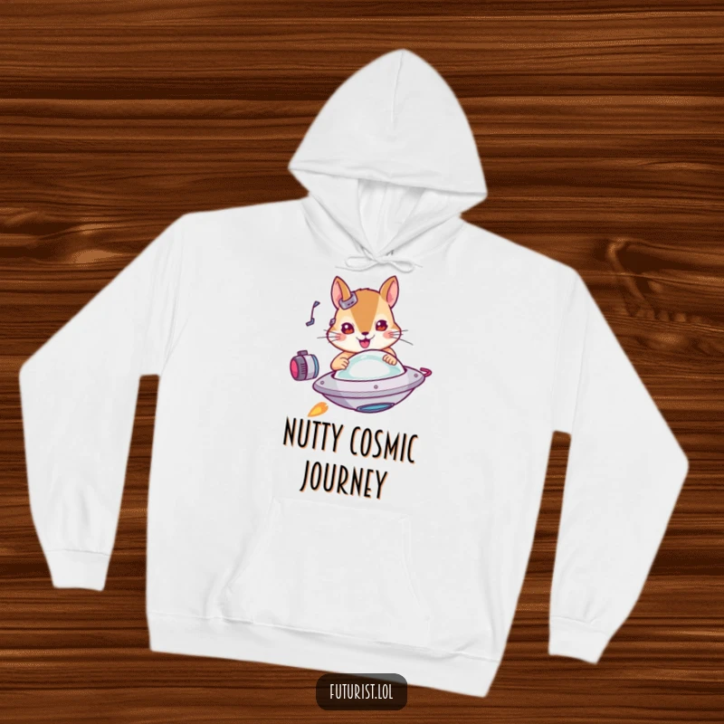 Funny squirrel hoodie, a determined cybernetic squirrel piloting a miniature flying saucer, offering cozy, humorous space adventure.