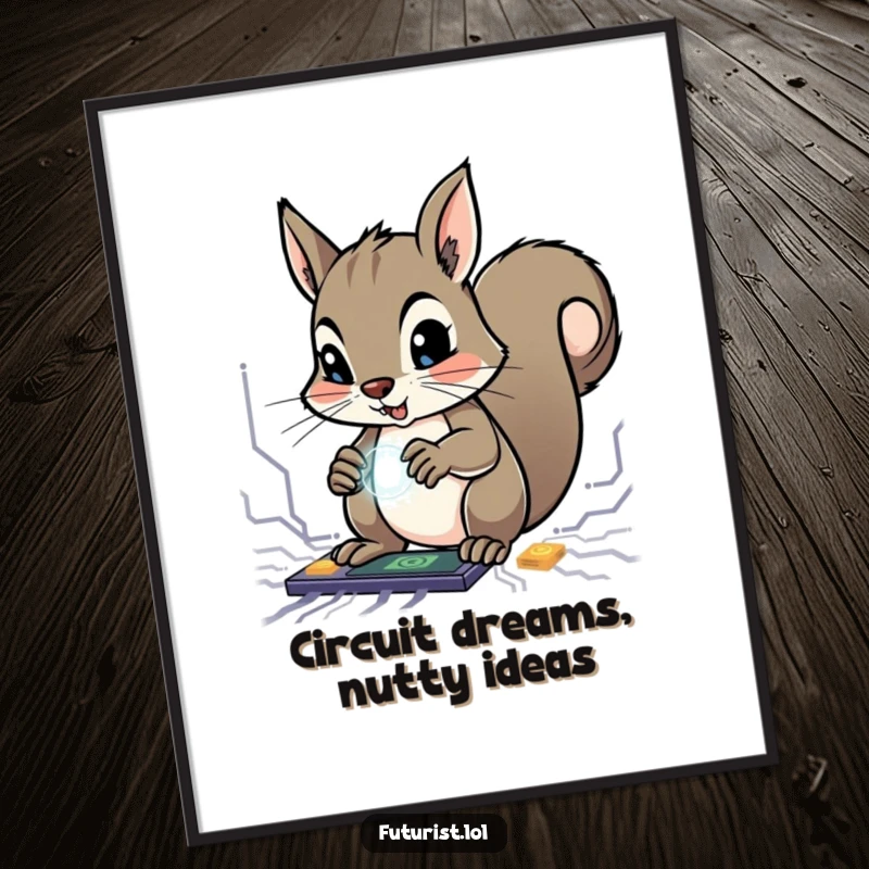Funny Free Printable Wall Art: Determined squirrel with agile paws manipulating intricate glowing circuits.