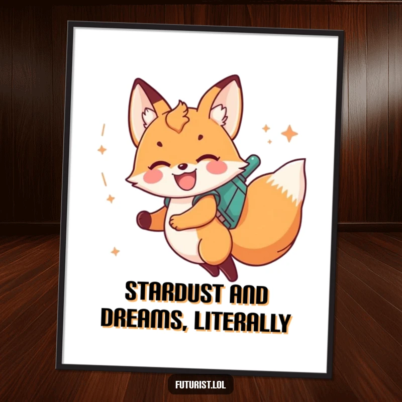 Funny Free Printable Fox Cub in a Jetpack leaving a trail of stardust, perfect for whimsical wall art.