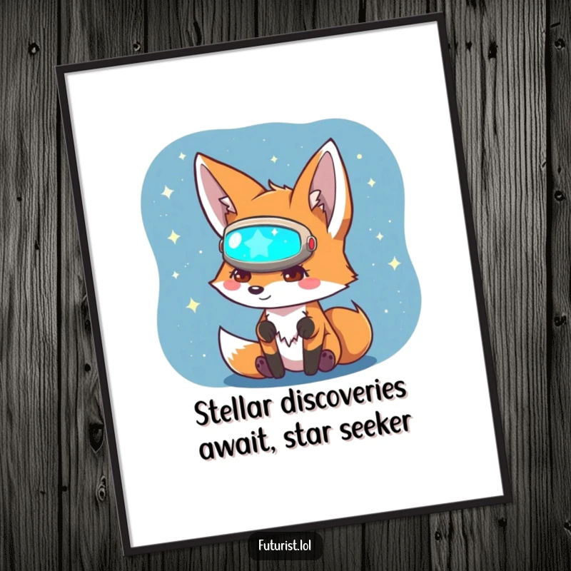 Funny Free Printable Wall Art: Curious fox wearing a visor, peering at a glowing holographic star map.