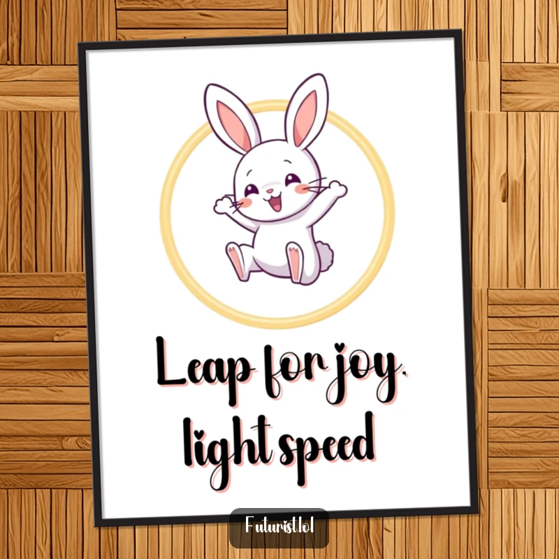 Funny Free Printable Wall Art: Playful rabbit joyfully leaping through a vibrant hoop made of light beams.