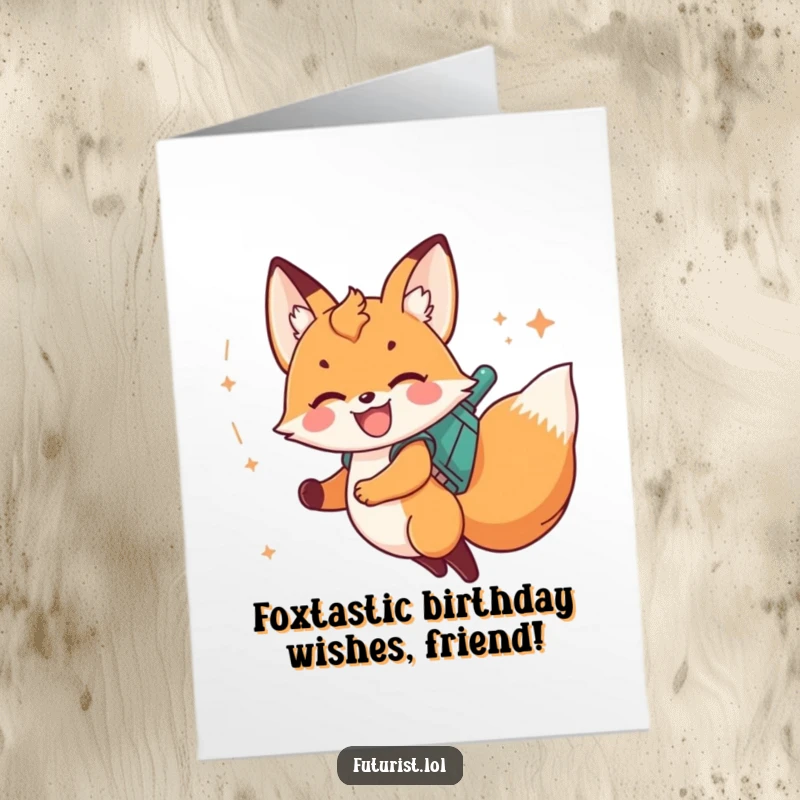 Funny Free Printable Fox Cub Jetpack Birthday Card zooming through stardust, leaving a trail of cosmic fun.