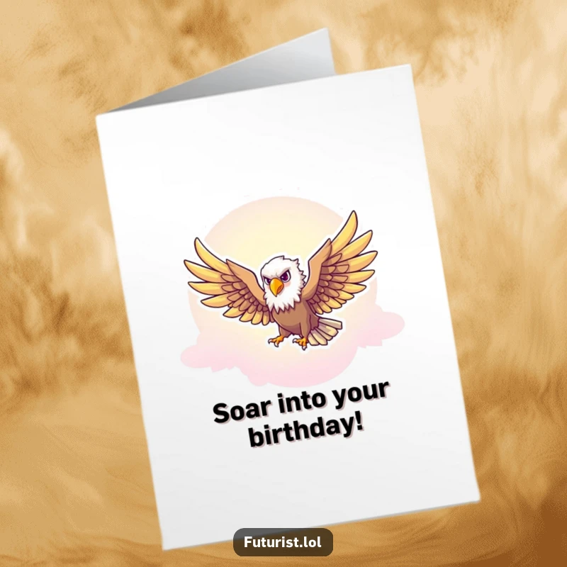 Funny Free Printable Birthday Card: Majestic eagle soaring through a neon sky with wings outstretched.