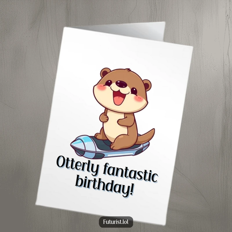 Funny Free Printable Birthday Card: Cheerful otter riding a futuristic hoverboard with a joyful grin, a cool downloadable gift.