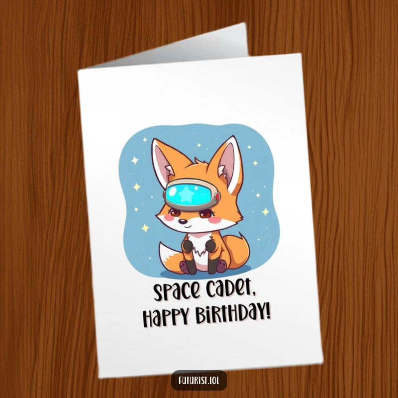Funny Free Printable Birthday Card: Curious fox with visor looks at star map, ready for a cosmic celebration.