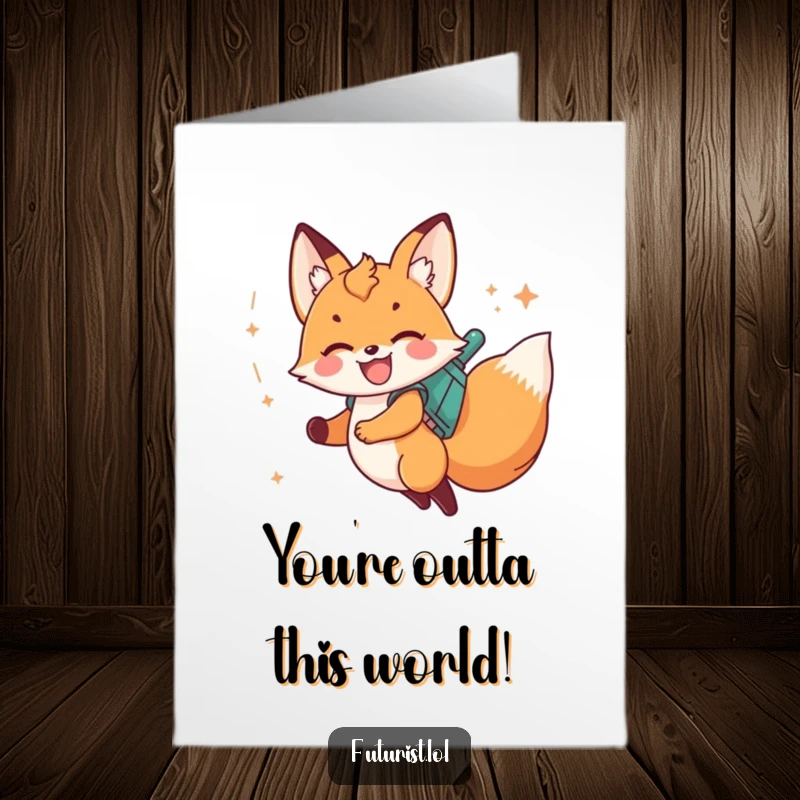 Funny Free Printable Fox Cub Jetpack Congratulations Card soaring through stardust, celebrating a cosmic win.