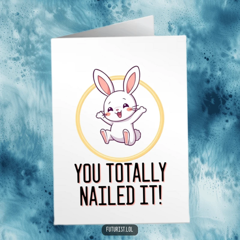 Funny Free Printable Congrats Card: Playful rabbit triumphantly leaping through a glowing light beam hoop.