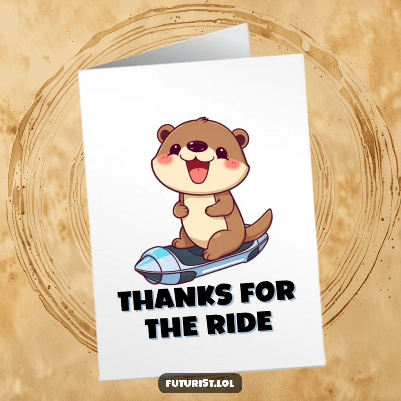 Funny Free Printable Thank You Card: Cheerful otter on a hoverboard with a big grin, showing thanks, a fun downloadable gift.