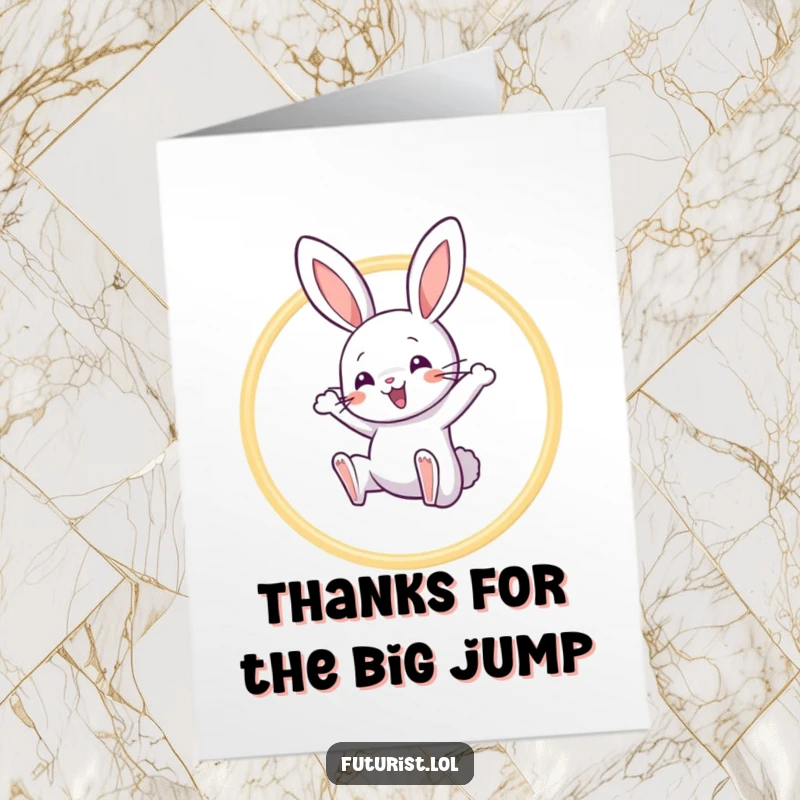 Funny Free Printable Thank You Card: Playful rabbit mid-leap through a light hoop, expressing thanks.