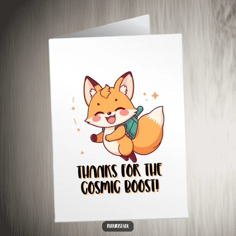 Funny Free Printable Fox Cub Jetpack Thank You Card blasting off with stardust, expressing cosmic gratitude.