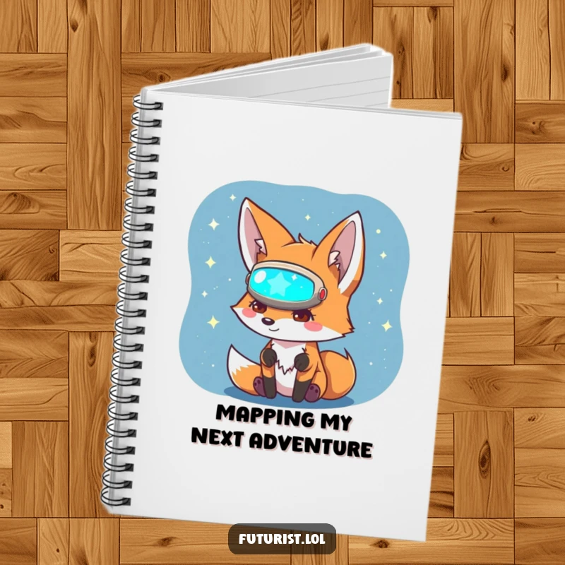 Funny Fox Sci-Fi Notebook: A curious fox with a visor studies a holographic star map, perfect for funny notes and big ideas.