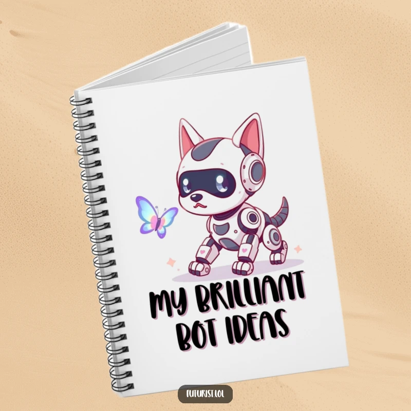 Funny robot dog notebook, a playful robot dog with glowing antennae chasing a holographic butterfly, ideal for jotting tech ideas humorously.